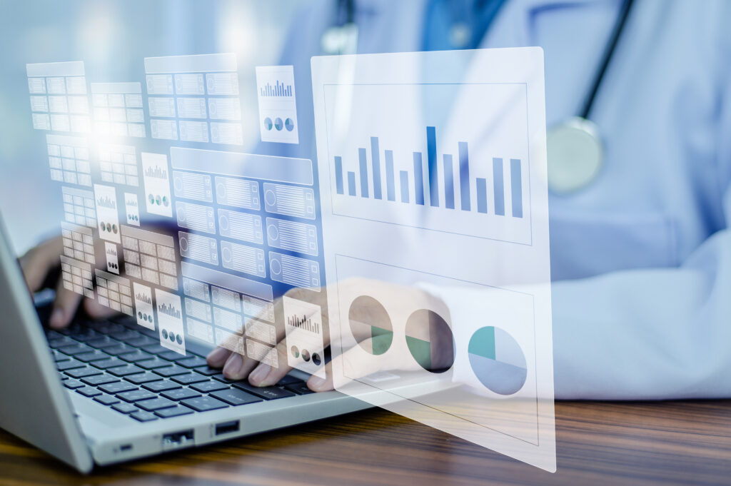 doctor using computer document management system dms online documentation database process automation efficiently manage files